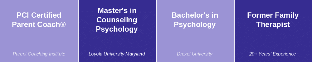 Erin Taylor credentials — PCI Certified Parent Coach, MA Counseling Psychology, former family therapist