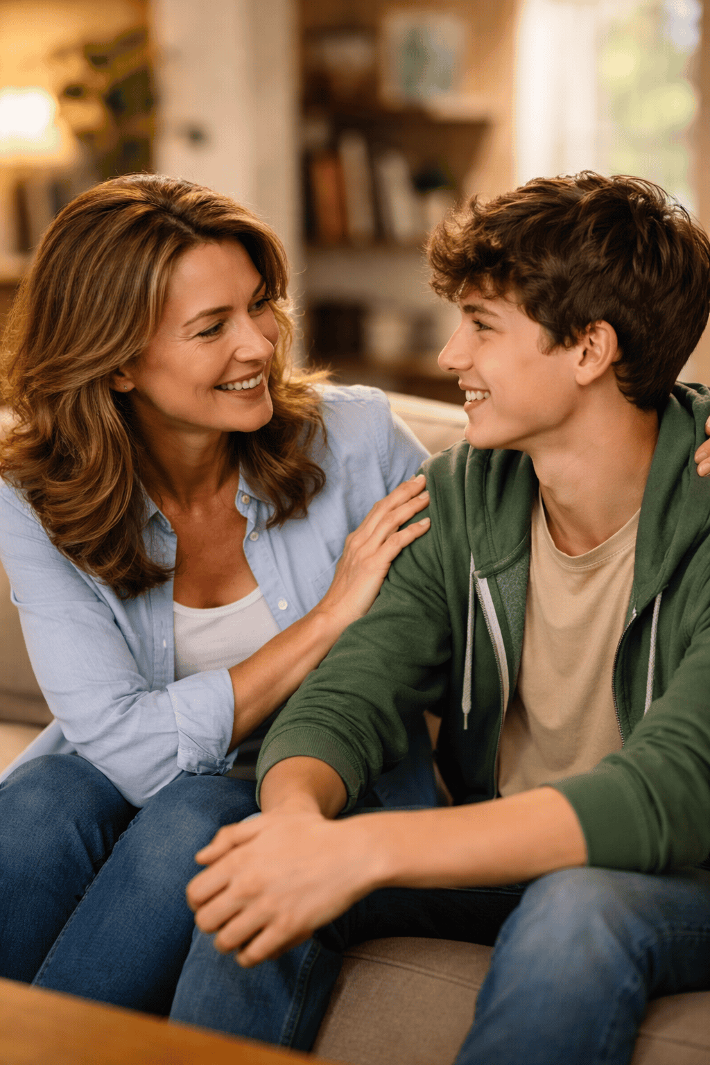 A mother and teenage son having a calm, connected conversation at home