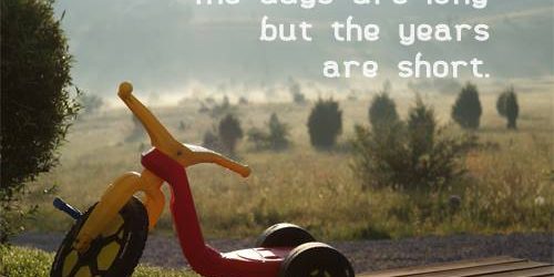 Childhood tricycle on a wooden deck with a scenic background.